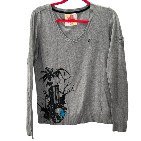 Volcom Somebodys Babe Sweater size XL Women Gray V Neck 100% Cotton - Picture 1 of 7